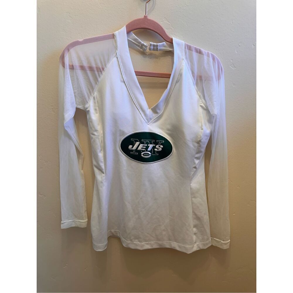 🌸 New York Jets Green and White NFL All Sport Couture Long Sleeve Open Back Top